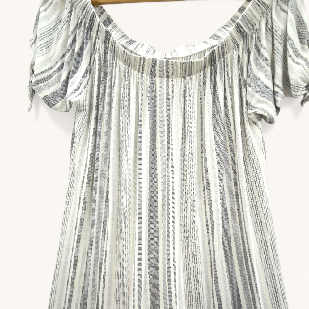 No Comment Off Shoulder Striped Dress Large White Gray Tie Sleeve NWT Coastal - Picture 3 of 12